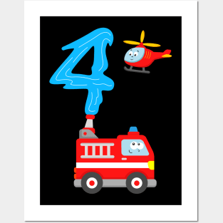 Fire Truck 4th Birthday Boys 4 Years Old Posters and Art